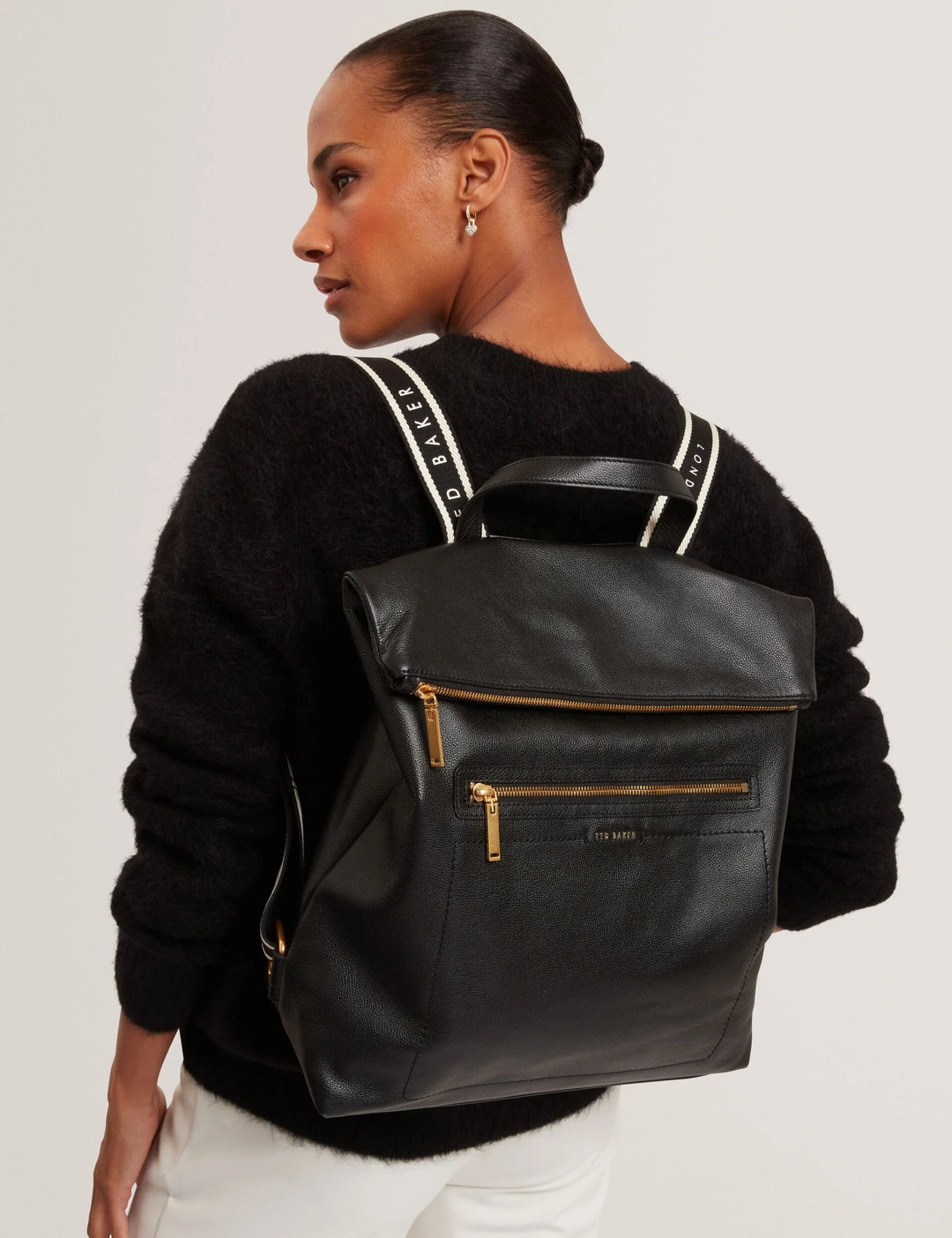 Ted Baker Branding Webbing Large Leather Backpack | Black