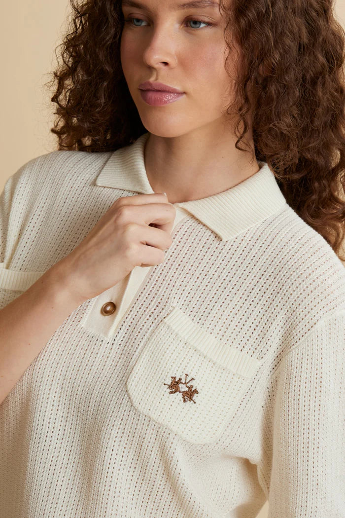 Polo da donna La Martina in maglia traforata con tasche | Bianco sporco