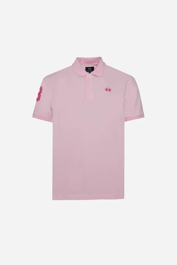Polo de piqué elástico para hombre de La Martina con número en la manga | Rosa de cuento de hadas