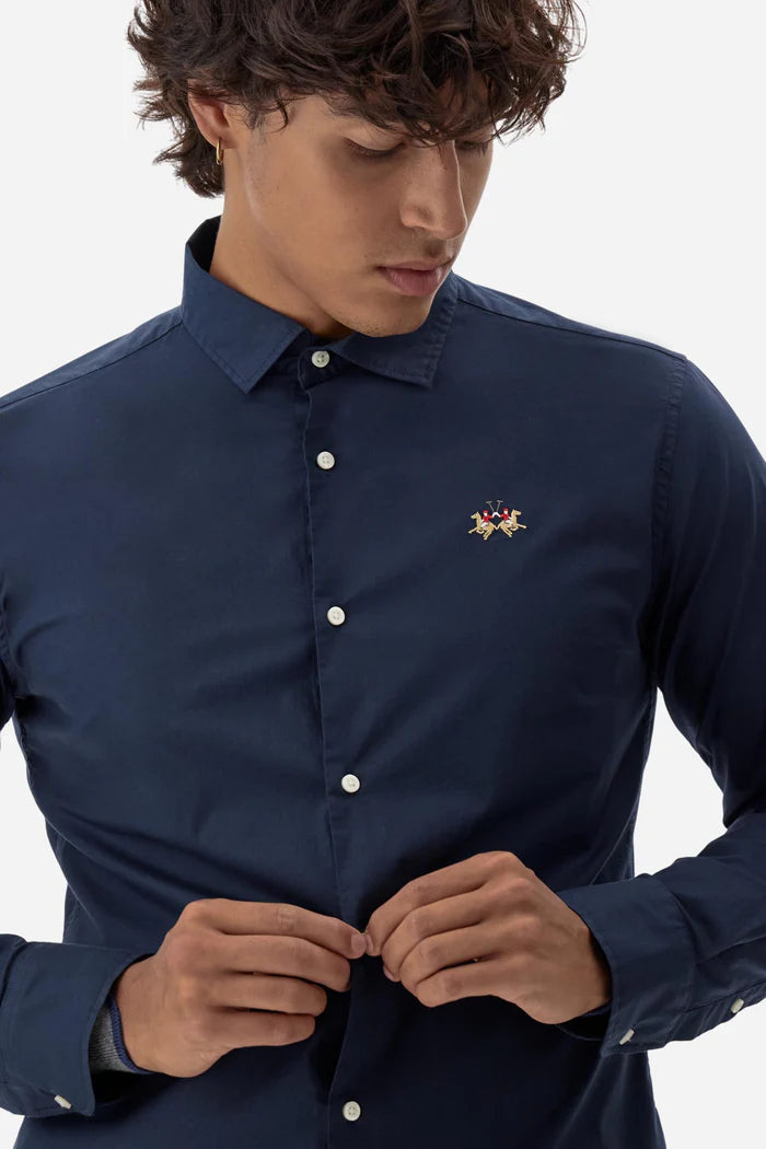 La Martina Slim Fit Cotton Shirt with Semi-Cutaway Collar | Navy