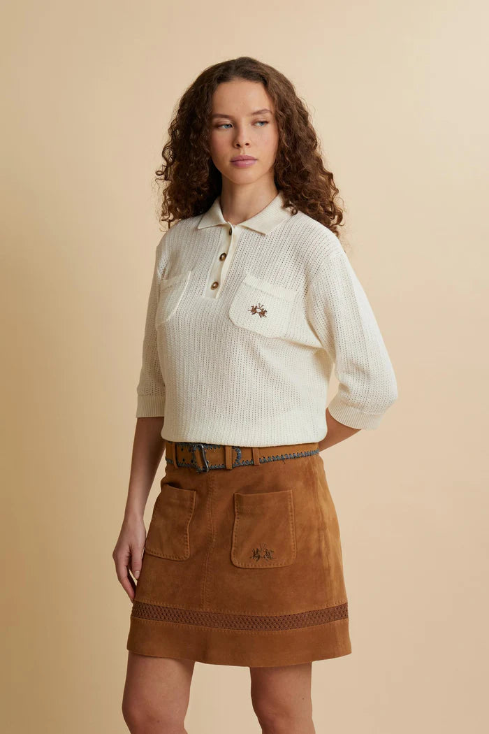 Polo da donna La Martina in maglia traforata con tasche | Bianco sporco