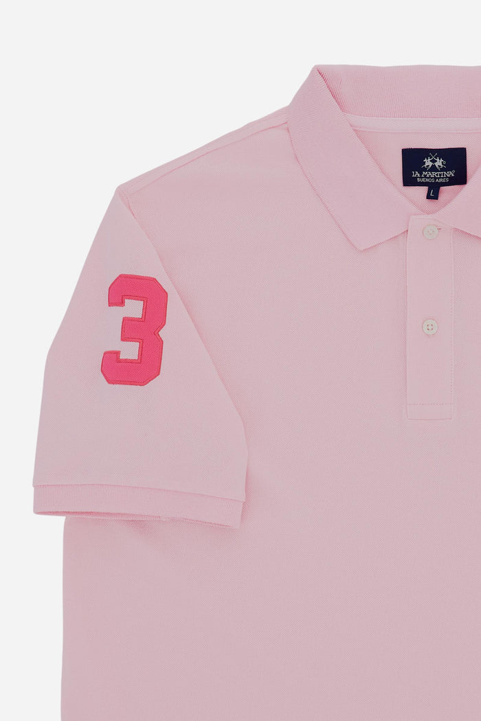 Polo de piqué elástico para hombre de La Martina con número en la manga | Rosa de cuento de hadas