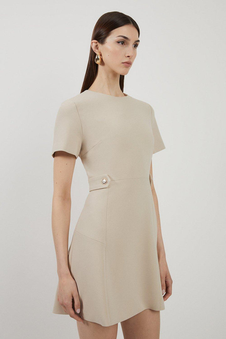 Karen Millen Compact Stretch Essential Waist Tab Detail Tailored Mini Dress | Beige