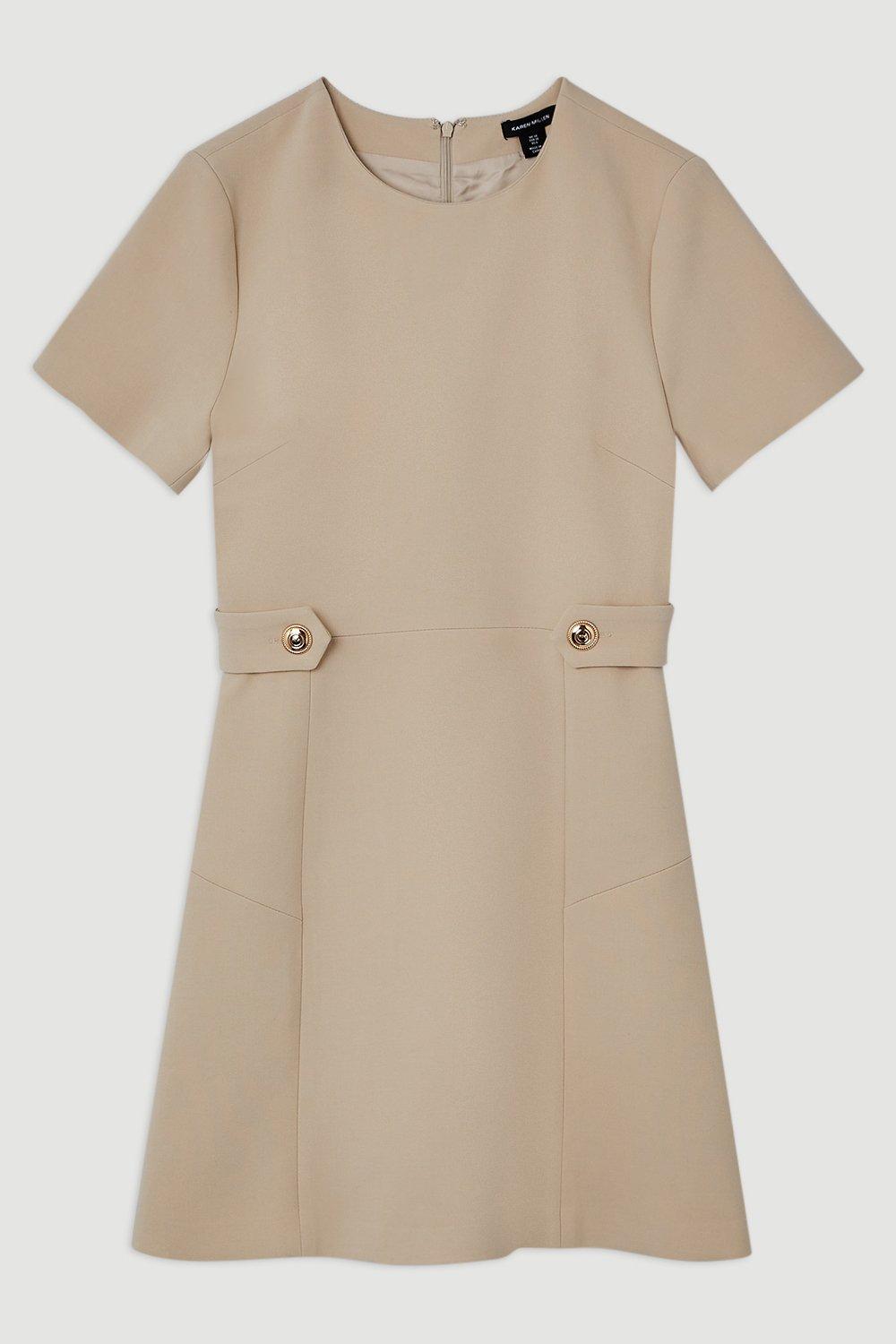 Karen Millen Compact Stretch Essential Waist Tab Detail Tailored Mini Dress | Beige