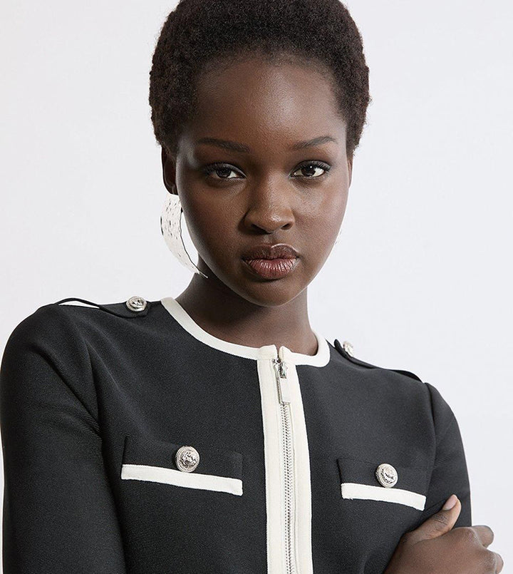 Karen Millen Figure Form Bandage Military Contrast Piping Knit Split Hem Jacket | Black