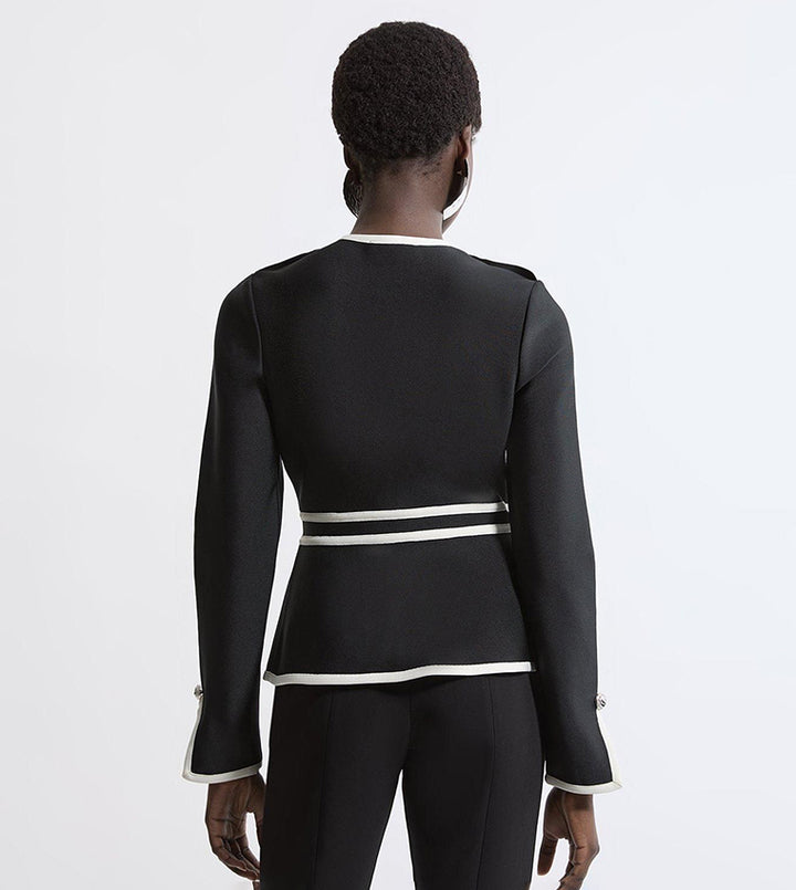 Karen Millen Figure Form Bandage Military Contrast Piping Knit Split Hem Jacket | Black