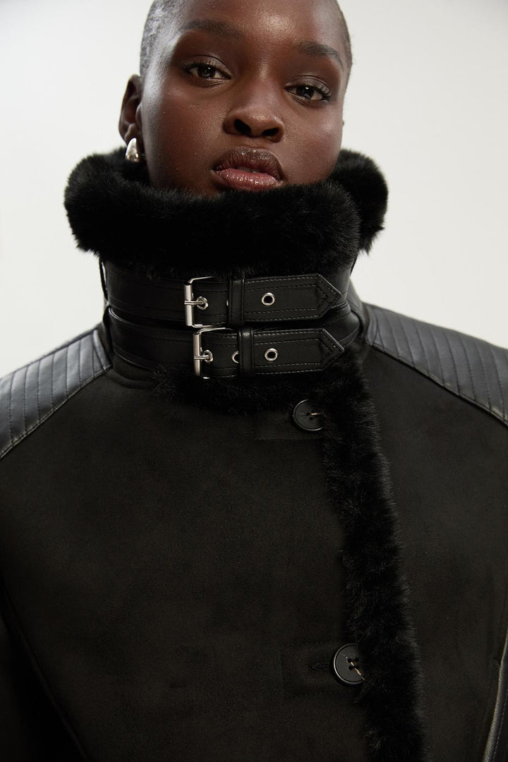 Karen Millen Faux Shearling Crop Biker Coat | Black