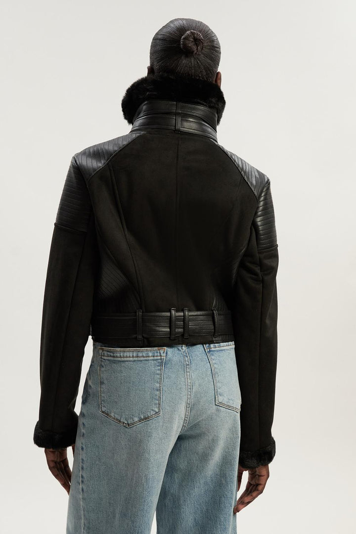 Karen Millen Faux Shearling Crop Biker Coat | Black