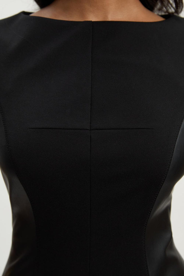 Karen Millen Ponte And Pu Mix Short Sleeve Tailored Pencil Midi Dress | Black