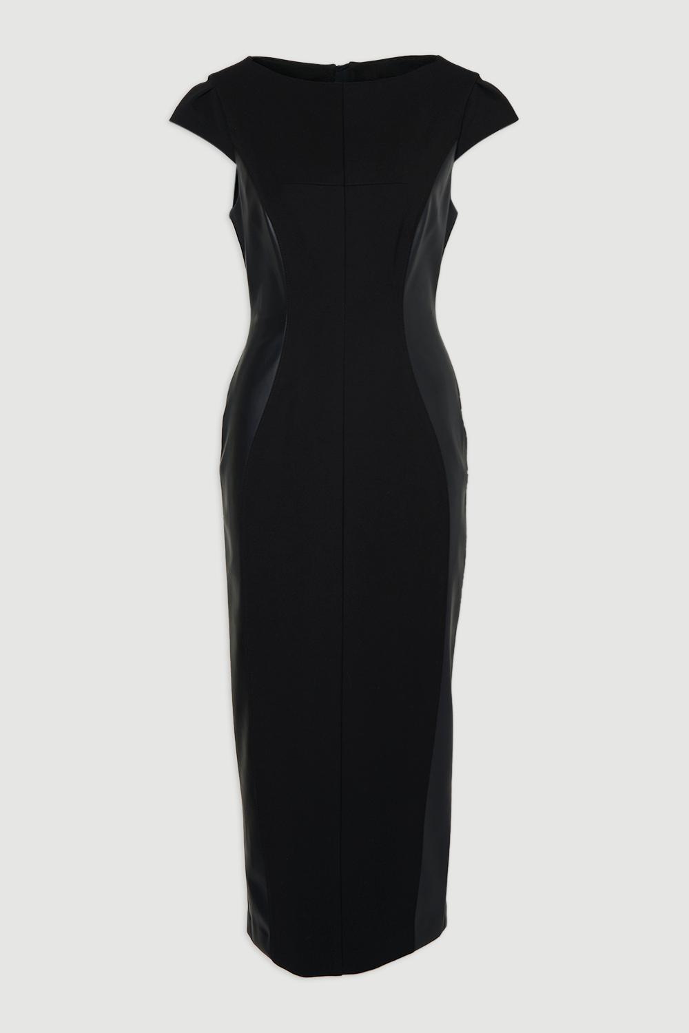 Karen Millen Ponte And Pu Mix Short Sleeve Tailored Pencil Midi Dress | Black