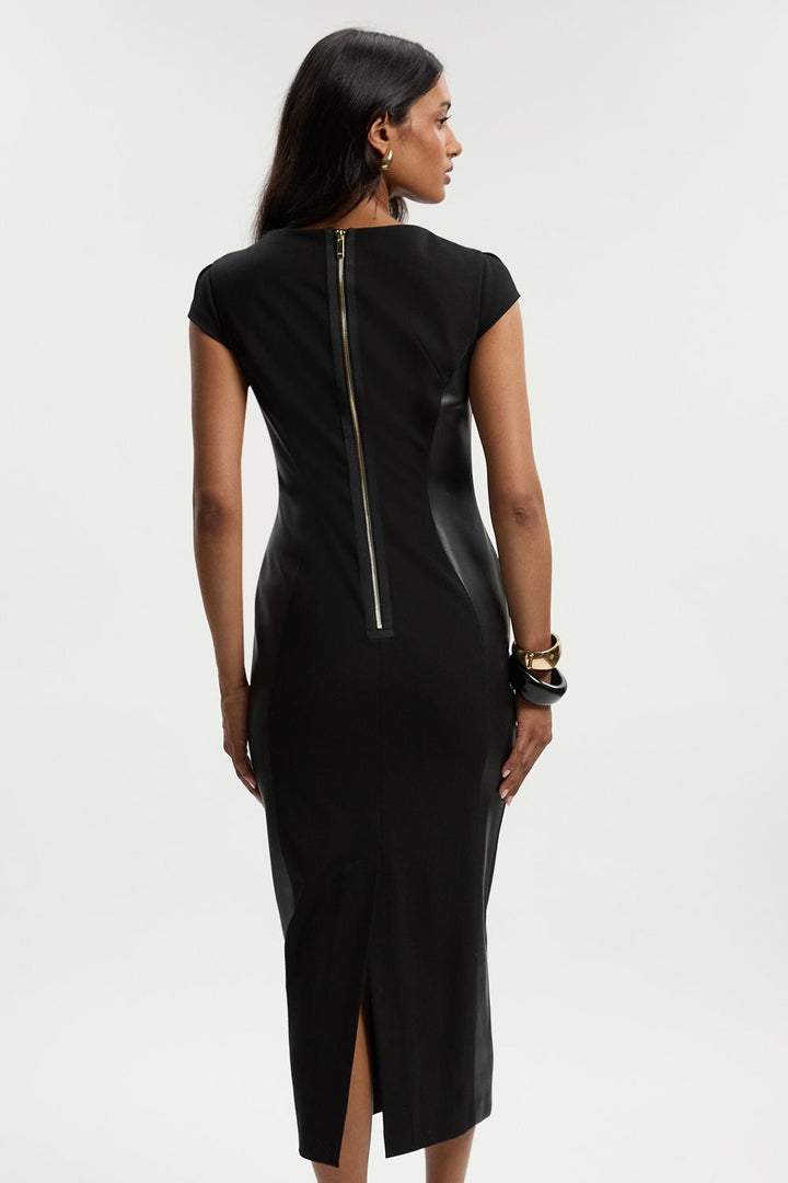 Karen Millen Ponte And Pu Mix Short Sleeve Tailored Pencil Midi Dress | Black