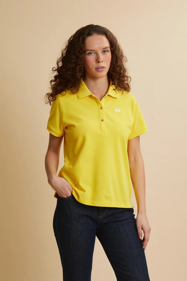 Polo da donna La Martina in piqué elasticizzato con scritta sotto il colletto | Giallo Impero