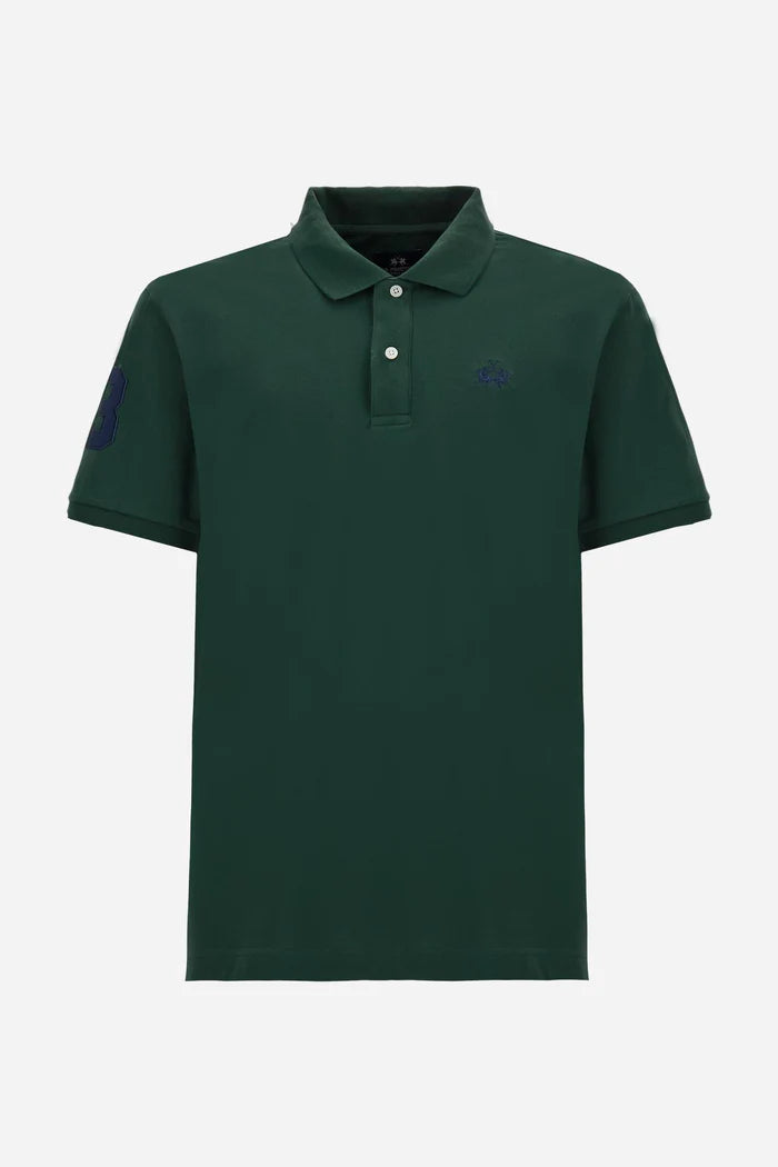 Polo de piqué elástico para hombre de La Martina con número en la manga | Verde pino