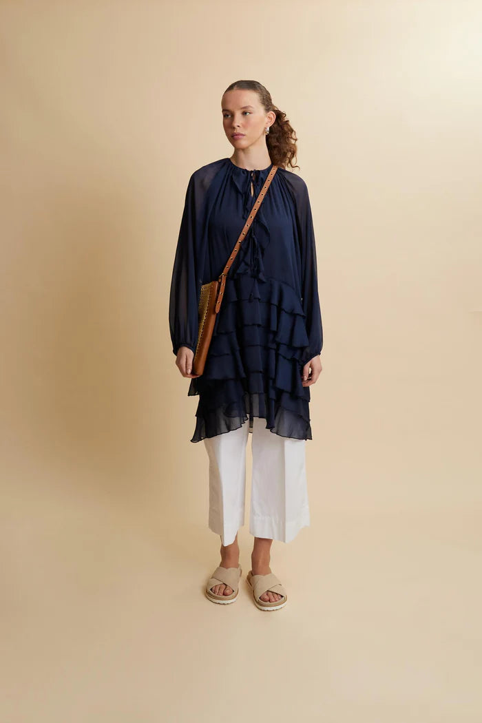 Γυναικείο φόρεμα La Martina από τσαλακωμένο σιφόν με βολάν | Μπλε ναυτικό