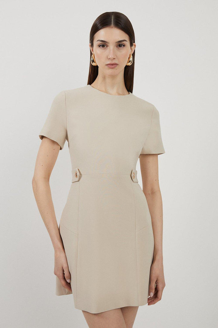 Karen Millen Compact Stretch Essential Waist Tab Detail Tailored Mini Dress | Beige