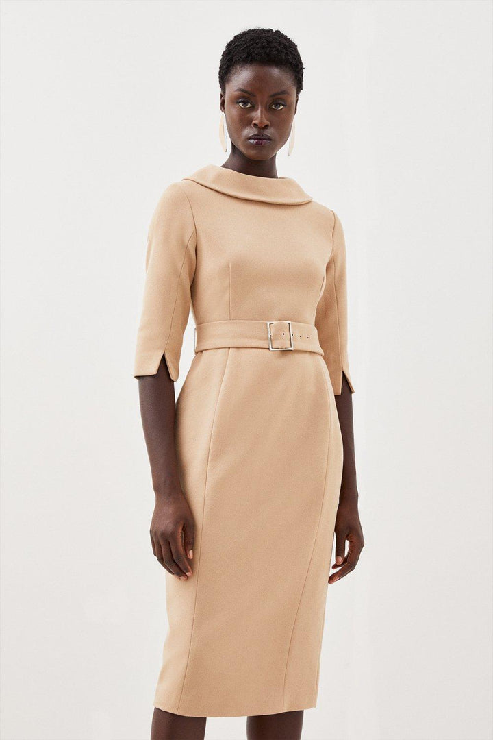 Karen Millen Tailored Structured Crepe Roll Neck Pencil Midi Dress | Camel