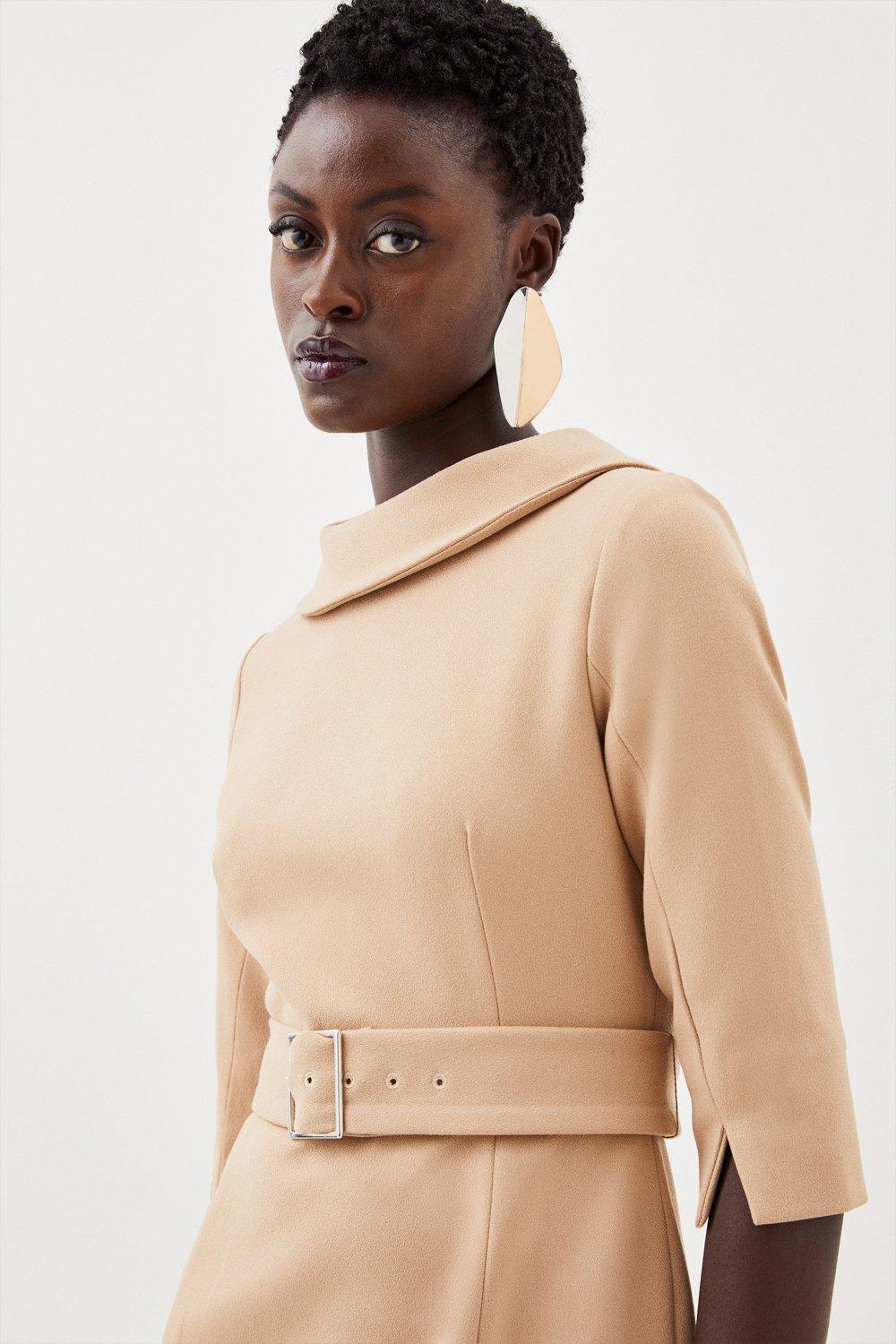 Karen Millen Tailored Structured Crepe Roll Neck Pencil Midi Dress | Camel