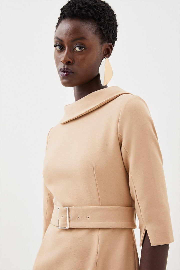 Karen Millen Tailored Structured Crepe Roll Neck Pencil Midi Dress | Camel