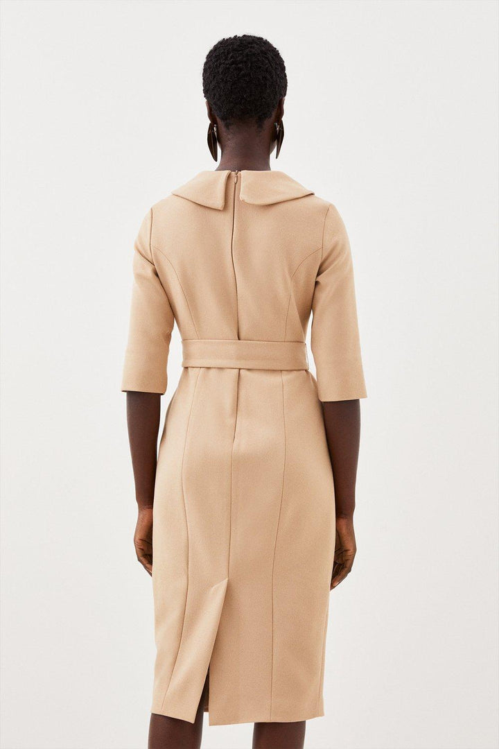 Karen Millen Tailored Structured Crepe Roll Neck Pencil Midi Dress | Camel