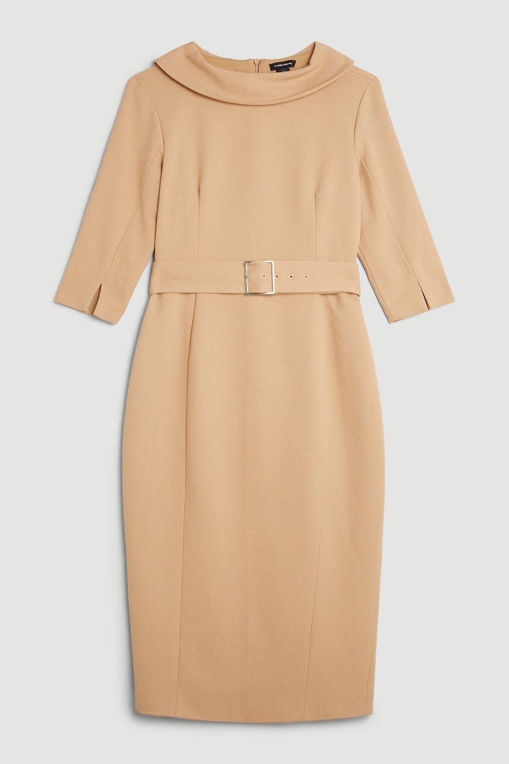 Karen Millen Tailored Structured Crepe Roll Neck Pencil Midi Dress | Camel
