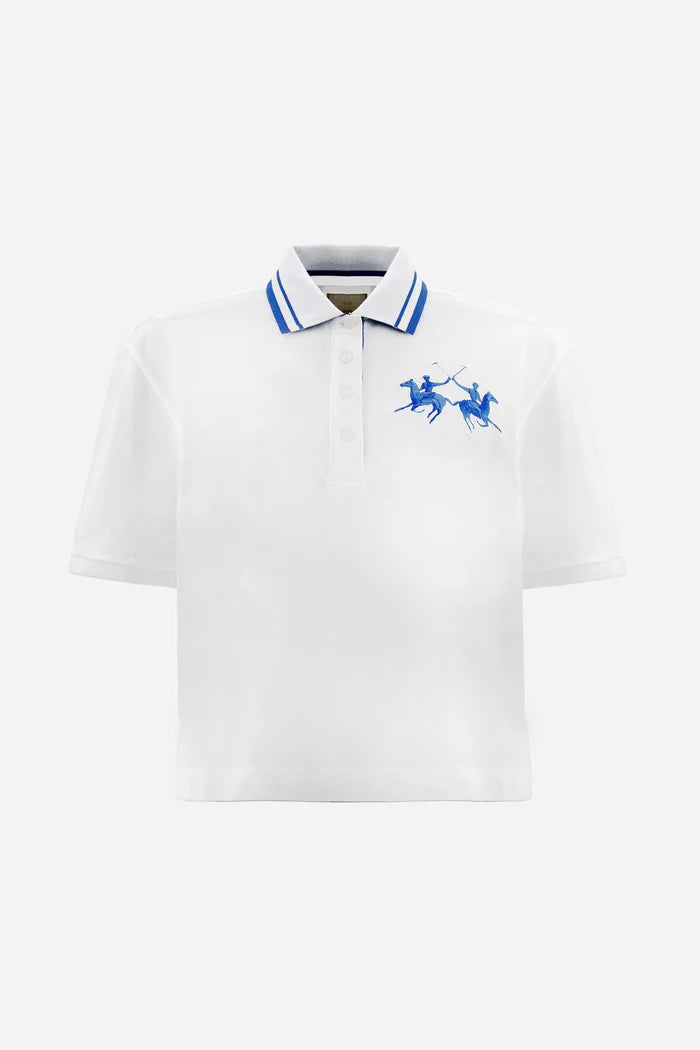 La Martina Women's Crop Fit Polo in Piqué with Maxi Logo | White
