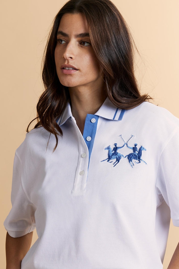 La Martina Women's Crop Fit Polo in Piqué with Maxi Logo | White