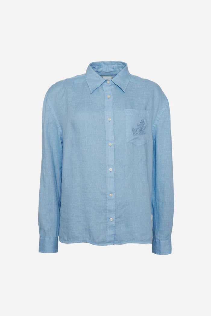 Γυναικείο λινό πουκάμισο La Martina βαμμένο στο ύφασμα με κεντημένη τσέπη | Μπλε Ριβιέρα