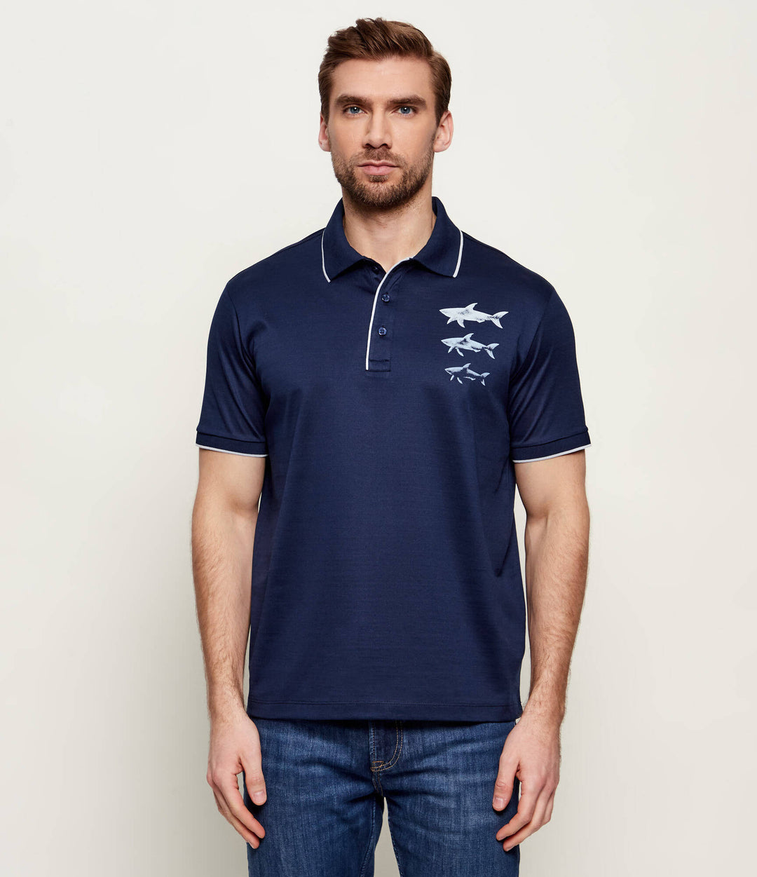 Polo de Paul &amp; Shark de algodón jersey doble mercerizado con estampado de tiburones | Azul marino