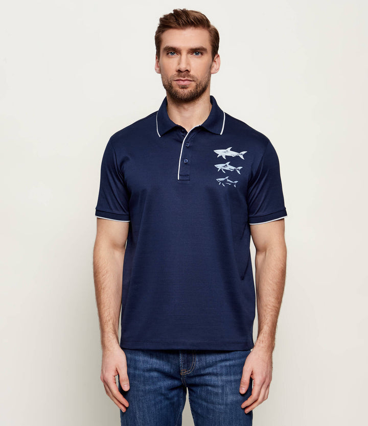 Polo de Paul &amp; Shark de algodón jersey doble mercerizado con estampado de tiburones | Azul marino