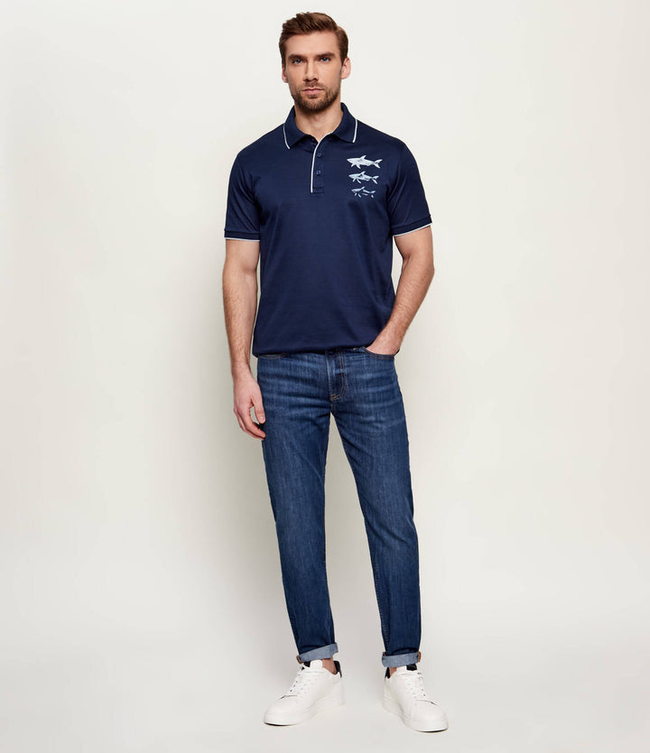 Polo de Paul &amp; Shark de algodón jersey doble mercerizado con estampado de tiburones | Azul marino
