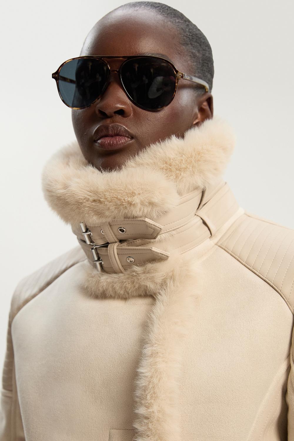 Karen Millen Faux Shearling Crop Biker Coat | Ivory