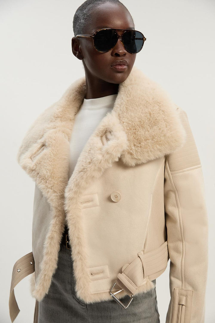 Karen Millen Faux Shearling Crop Biker Coat | Ivory