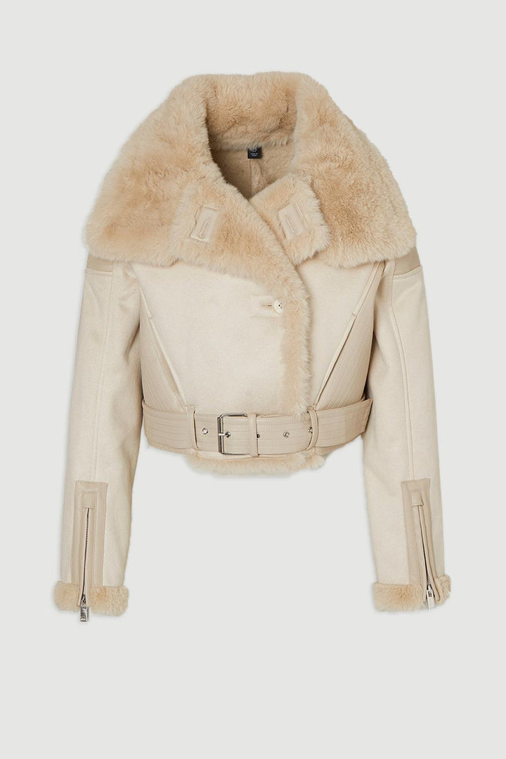 Karen Millen Faux Shearling Crop Biker Coat | Ivory