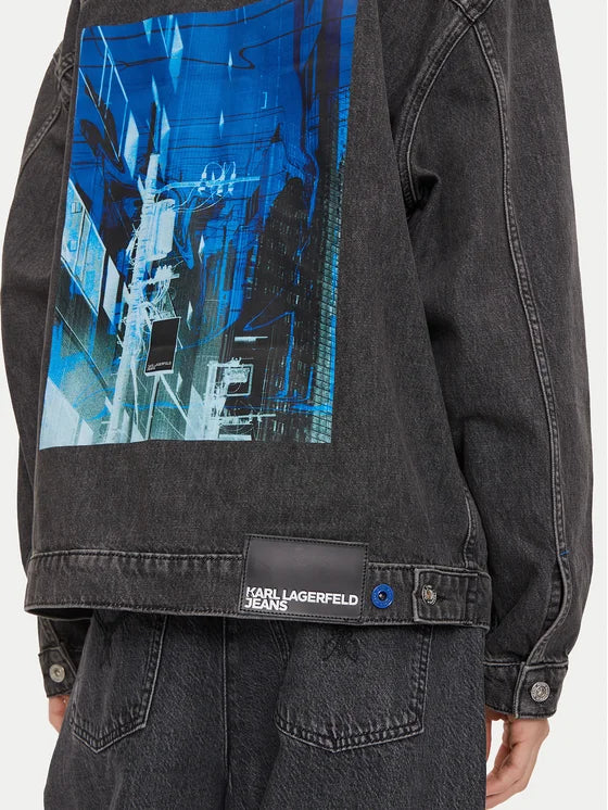 Karl Lagerfeld Relaxed Print Denim Jacket | Rinsed Black