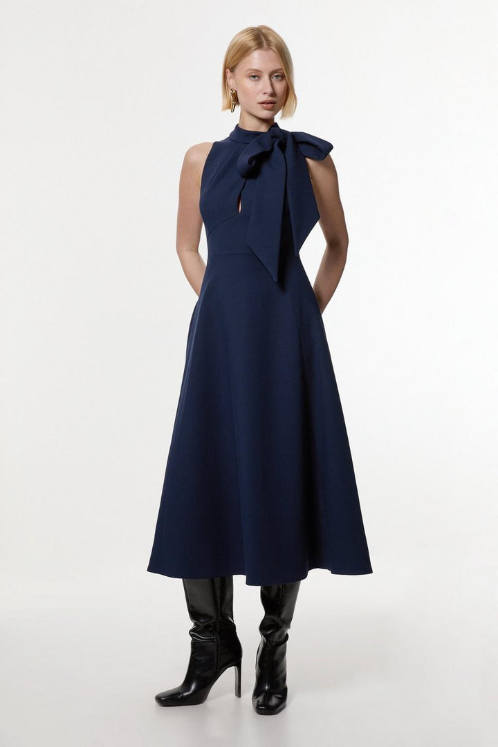 Karen Millen Compact Stretch Bow Tie Neck Full Skirted Midi Dress | Navy