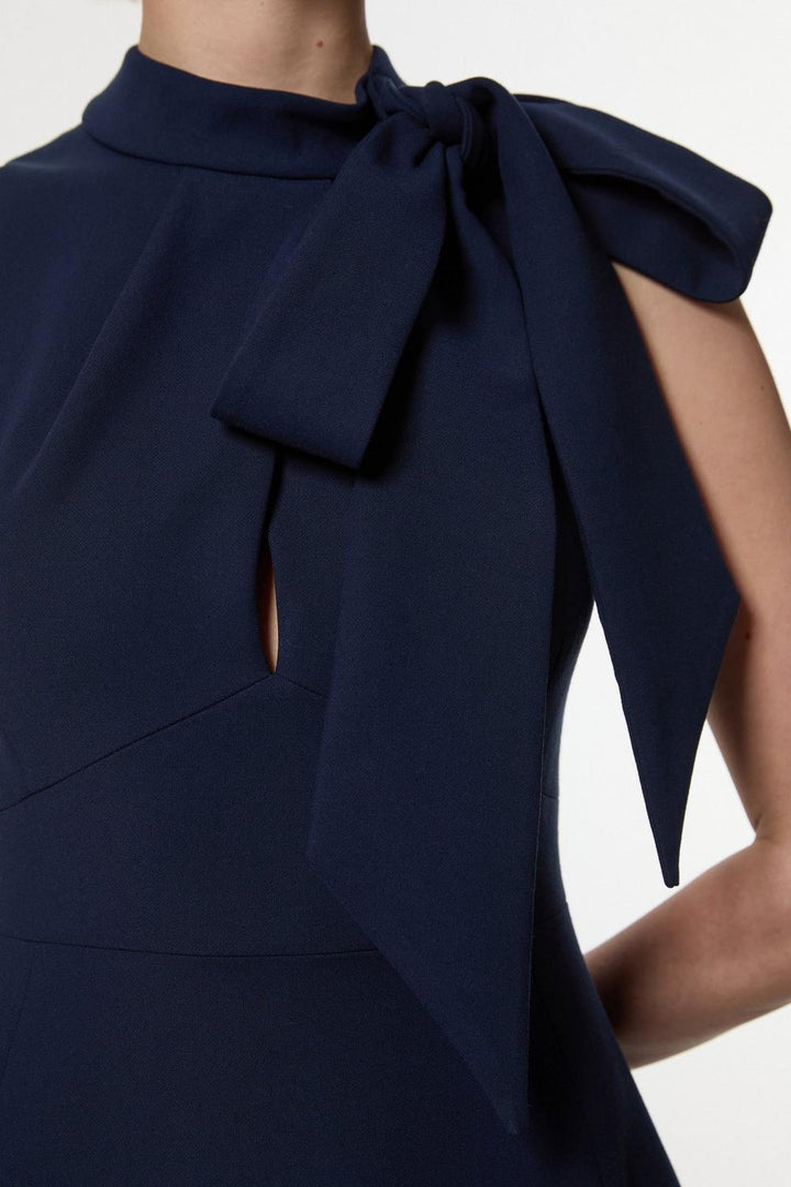 Karen Millen Compact Stretch Bow Tie Neck Full Skirted Midi Dress | Navy