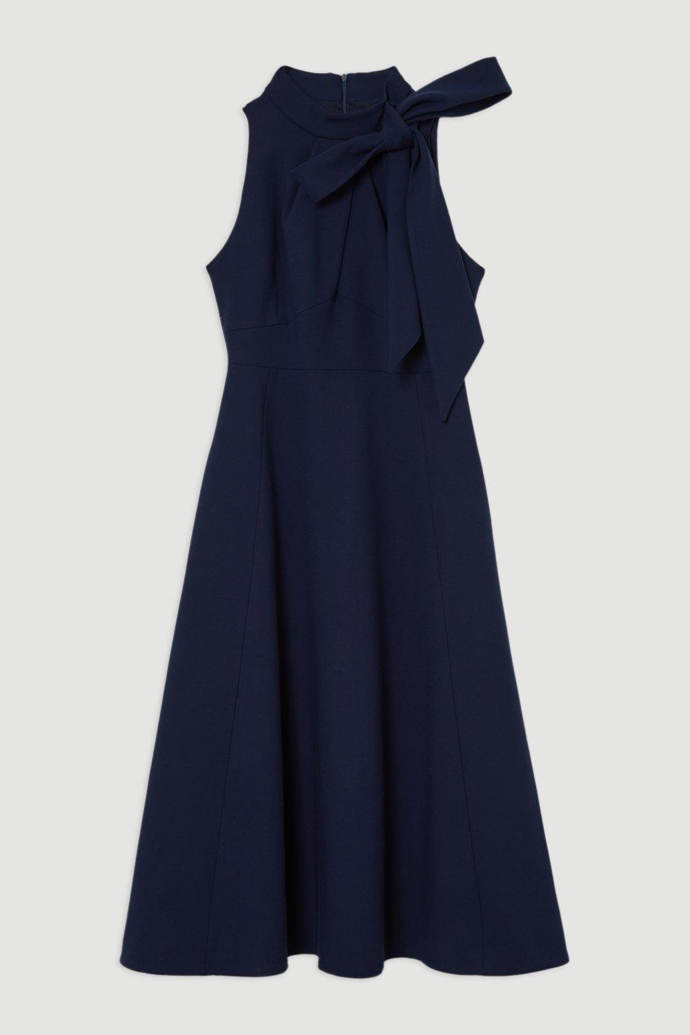 Karen Millen Compact Stretch Bow Tie Neck Full Skirted Midi Dress | Navy