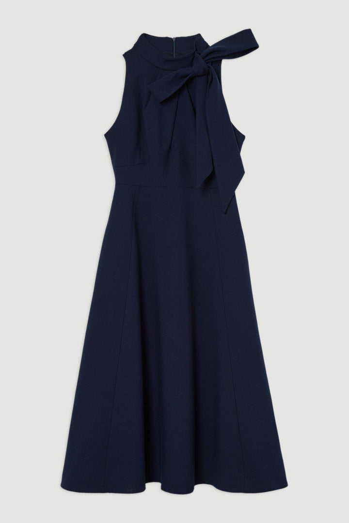 Karen Millen Compact Stretch Bow Tie Neck Full Skirted Midi Dress | Navy
