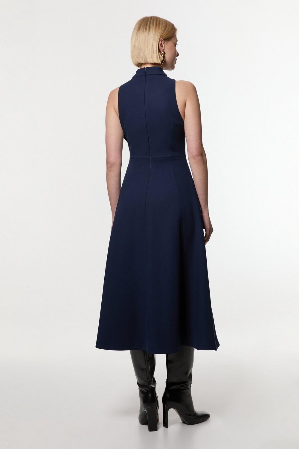 Karen Millen Compact Stretch Bow Tie Neck Full Skirted Midi Dress | Navy