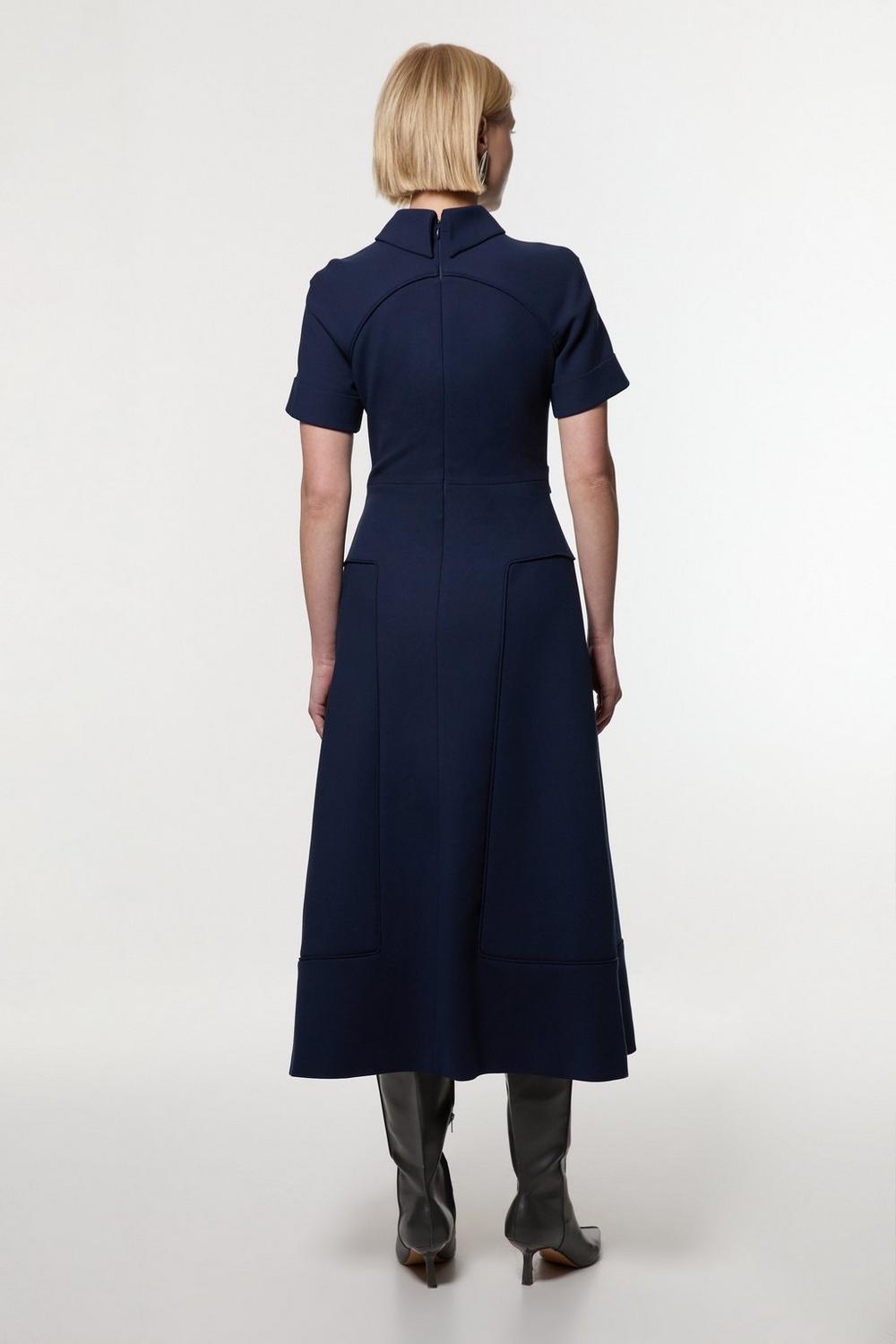 Karen Millen Compact Stretch Bow Tie Neck Full Skirted Midi Dress | Navy