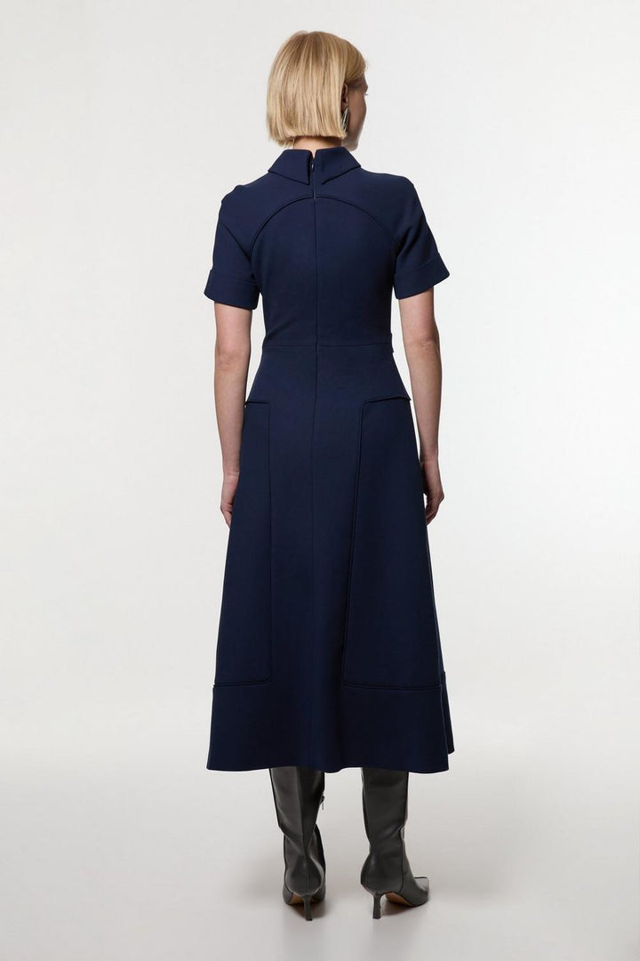 Karen Millen Compact Stretch Bow Tie Neck Full Skirted Midi Dress | Navy