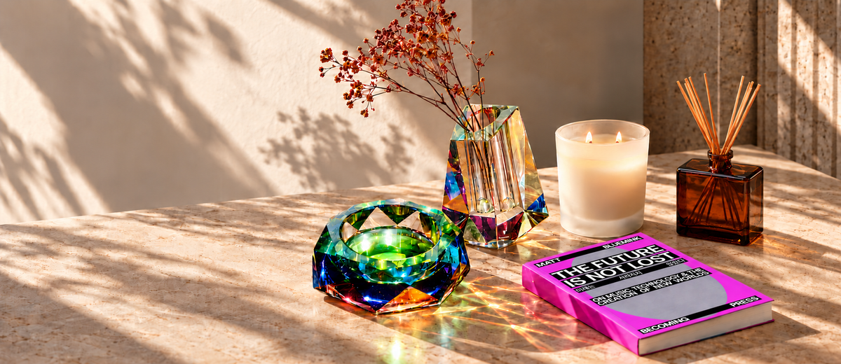 Editorial still life with iridescent design objects, scented candle, The Future Is Not Lost book and amber reed diffuser