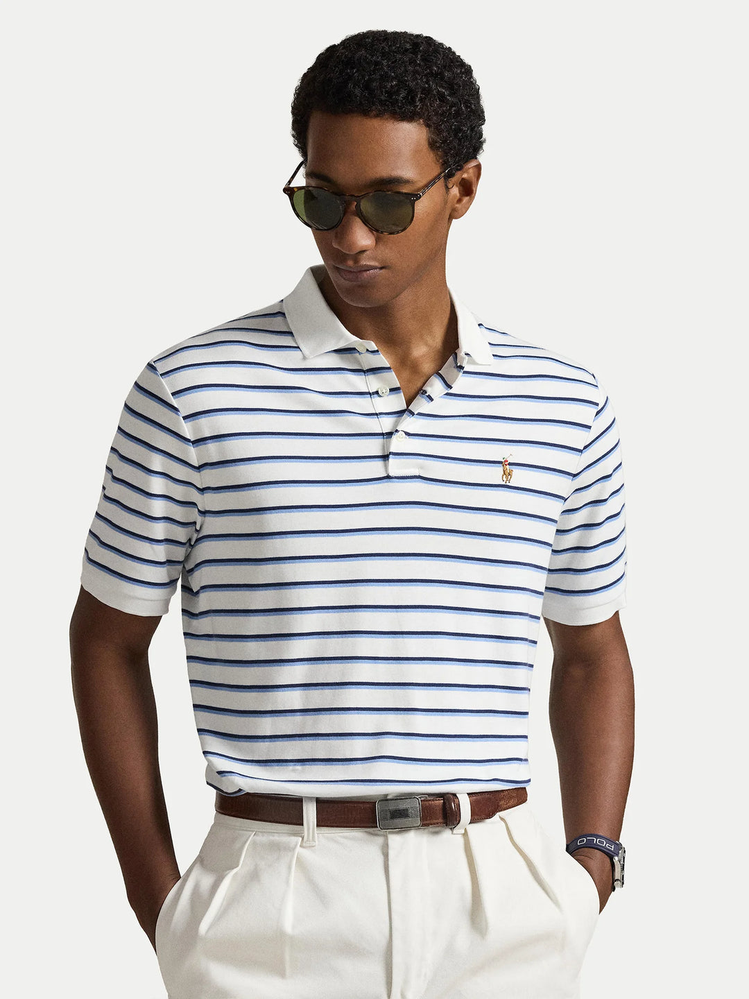 Ralph Lauren Custom Slim Fit Striped Interlock Polo | White/Blue Multi