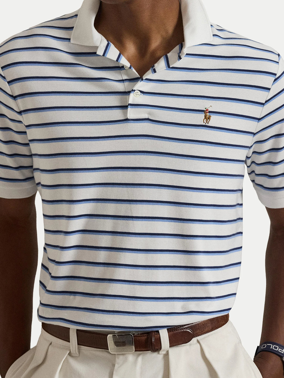 Ralph Lauren Custom Slim Fit Striped Interlock Polo | White/Blue Multi