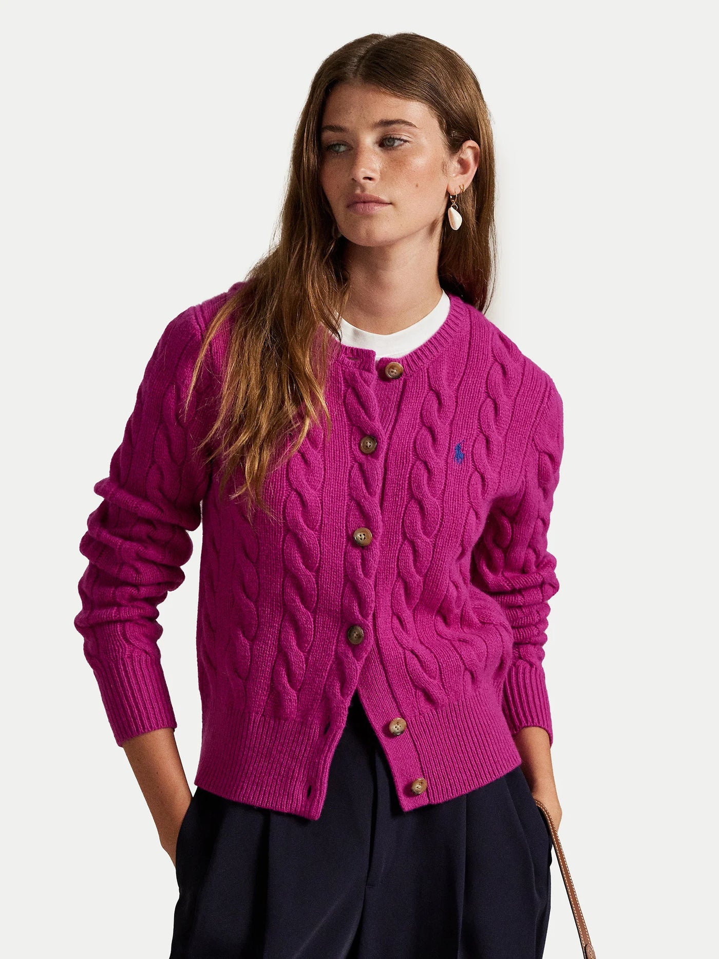 Ralph Lauren Cable-Knit Wool-Cashmere Cardigan | Carmine Pink