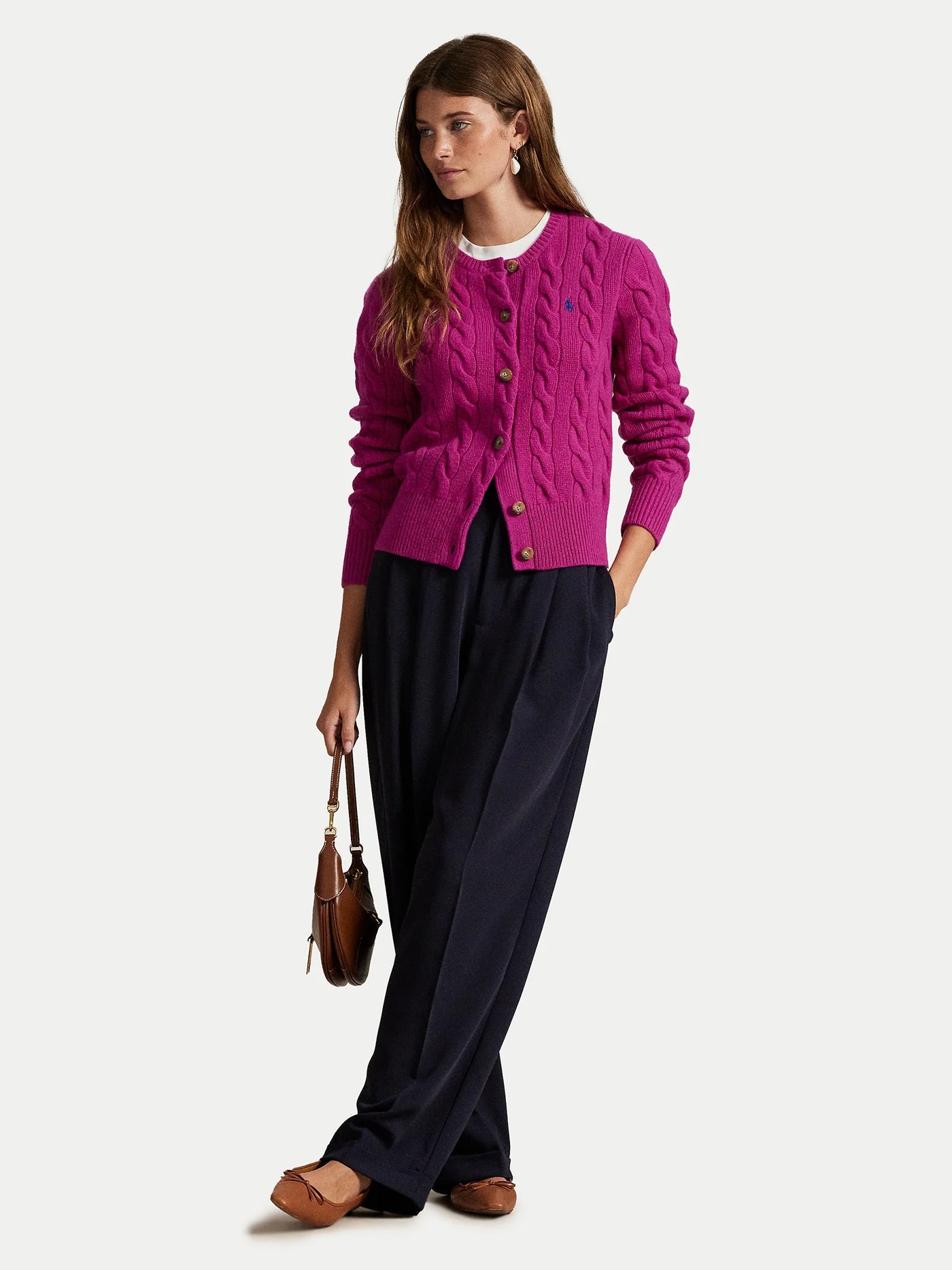 Ralph Lauren Cable-Knit Wool-Cashmere Cardigan | Carmine Pink