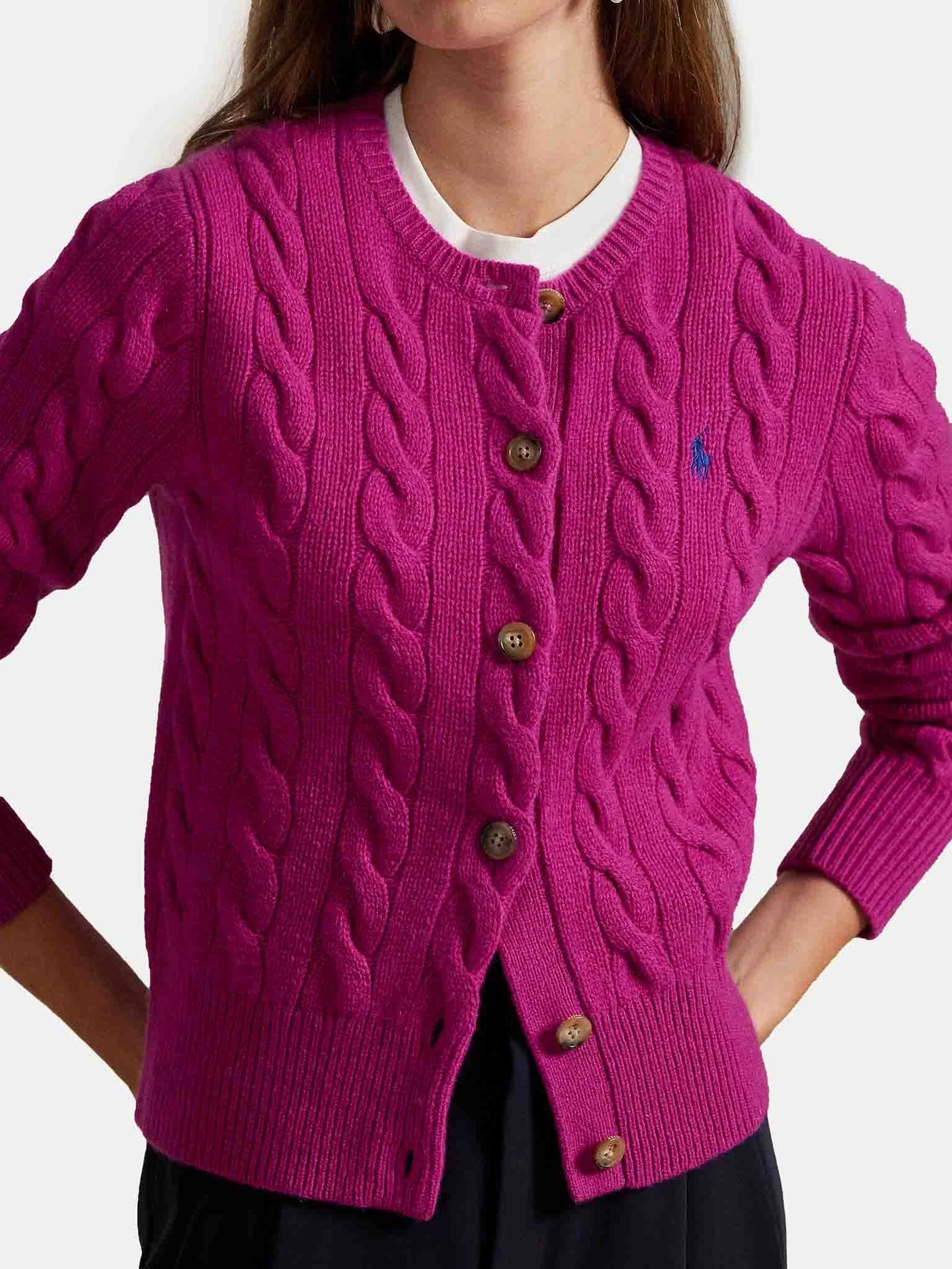 Ralph Lauren Cable-Knit Wool-Cashmere Cardigan | Carmine Pink