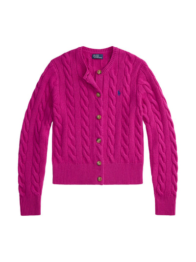 Ralph Lauren Cable-Knit Wool-Cashmere Cardigan | Carmine Pink