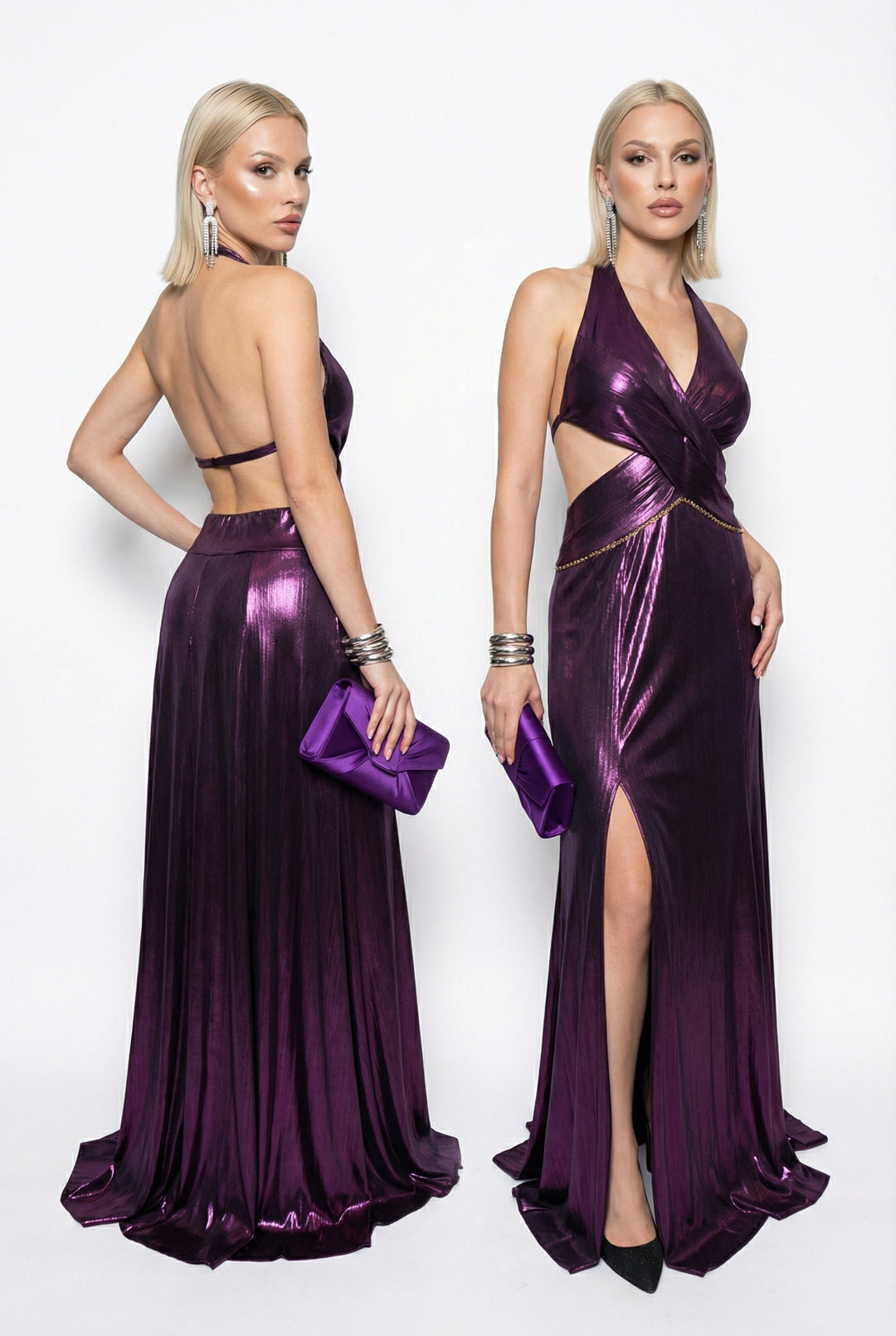 PREVANE Metallic Halter Cut-Out Maxi Dress in Violet – front view
