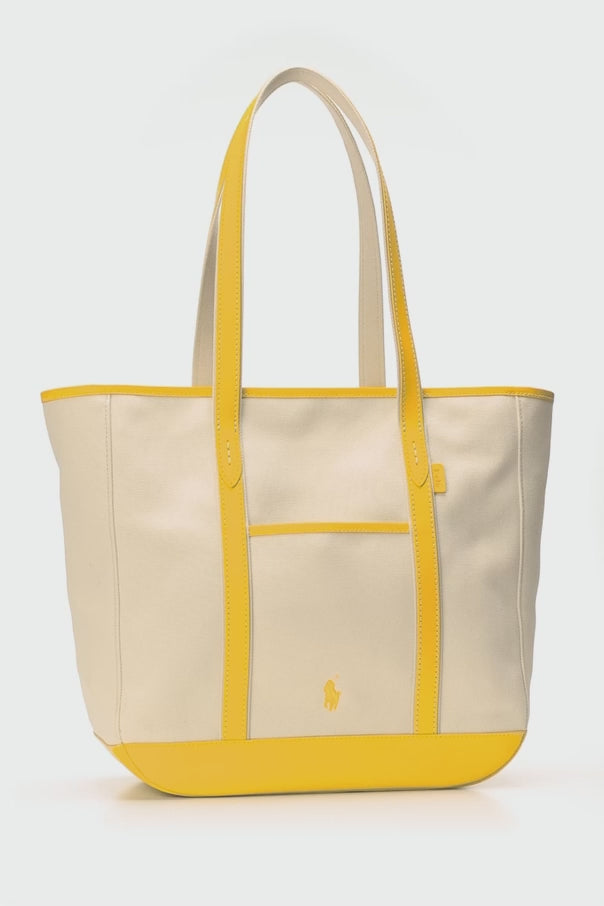Ralph Lauren Leather-Trim Canvas Medium Shopper Tote Bag | Ecru/Yellow